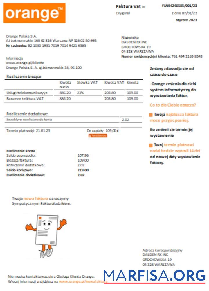 Printable Orange Poland utility business bill SCR example